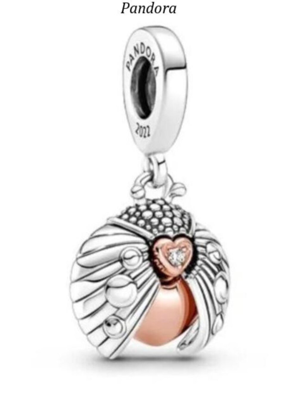 Pandora Two-Tone Angel Wing Heart Dangle Charm - Silver & Rose Gold